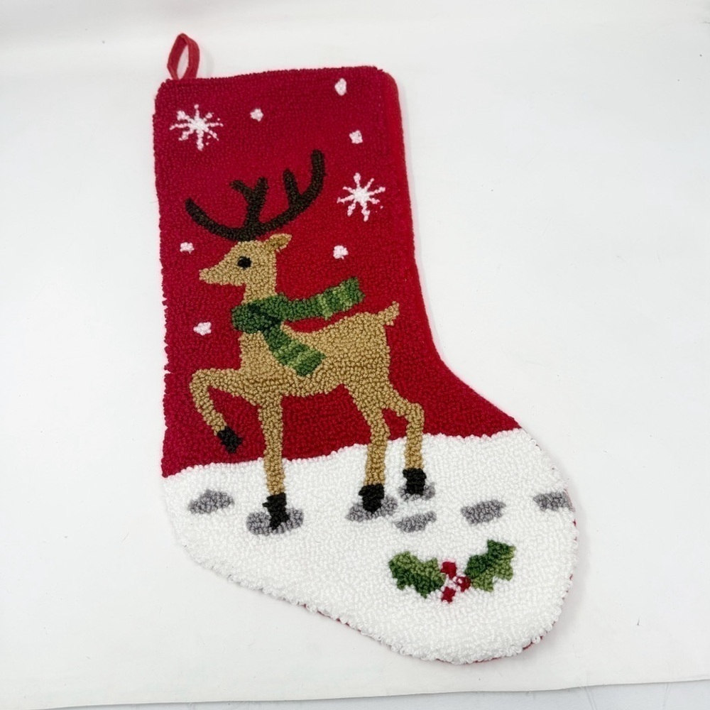 CREWEL KNIT Reindeer CHRISTMAS STOCKING Stripes Red White Buttons 19” Long Decor
